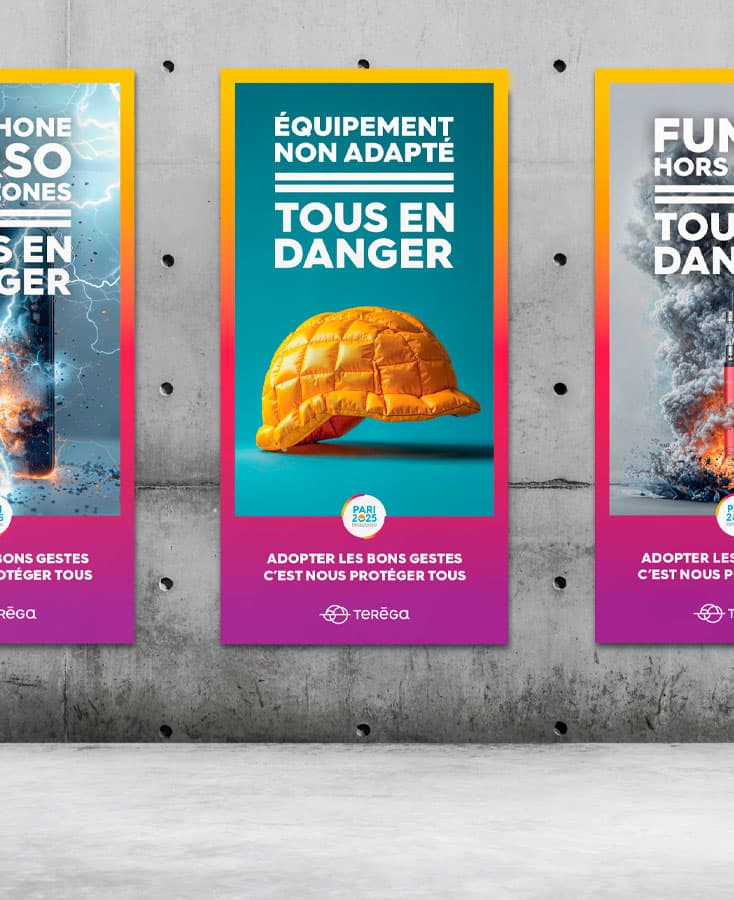 Affiches de la campagne HSE Teréga 2024 sur un mur en béton
